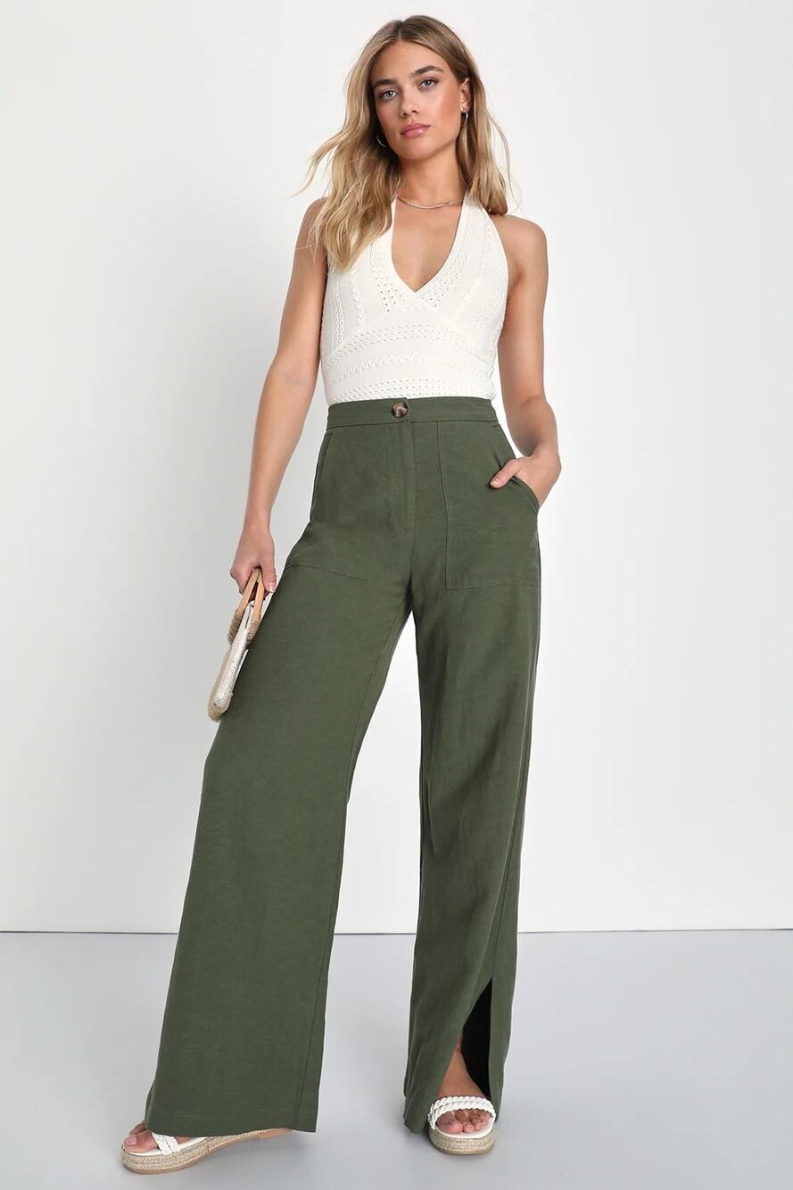 Lulus Jet Stream Olive Green High-Waisted Wide-Leg Pants Slit Hem Linen Blend Sm